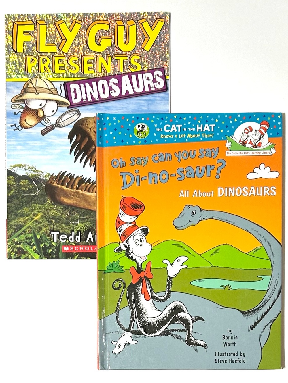 4/$20 - 2 Dinosaur Books: Dr. Seuss Oh Say Can You Say Dinosaur? & Fly Guy